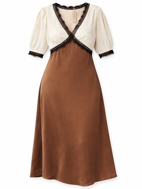 Anthro Lace Trim Midi Dress Cream Mocha 2X NWT